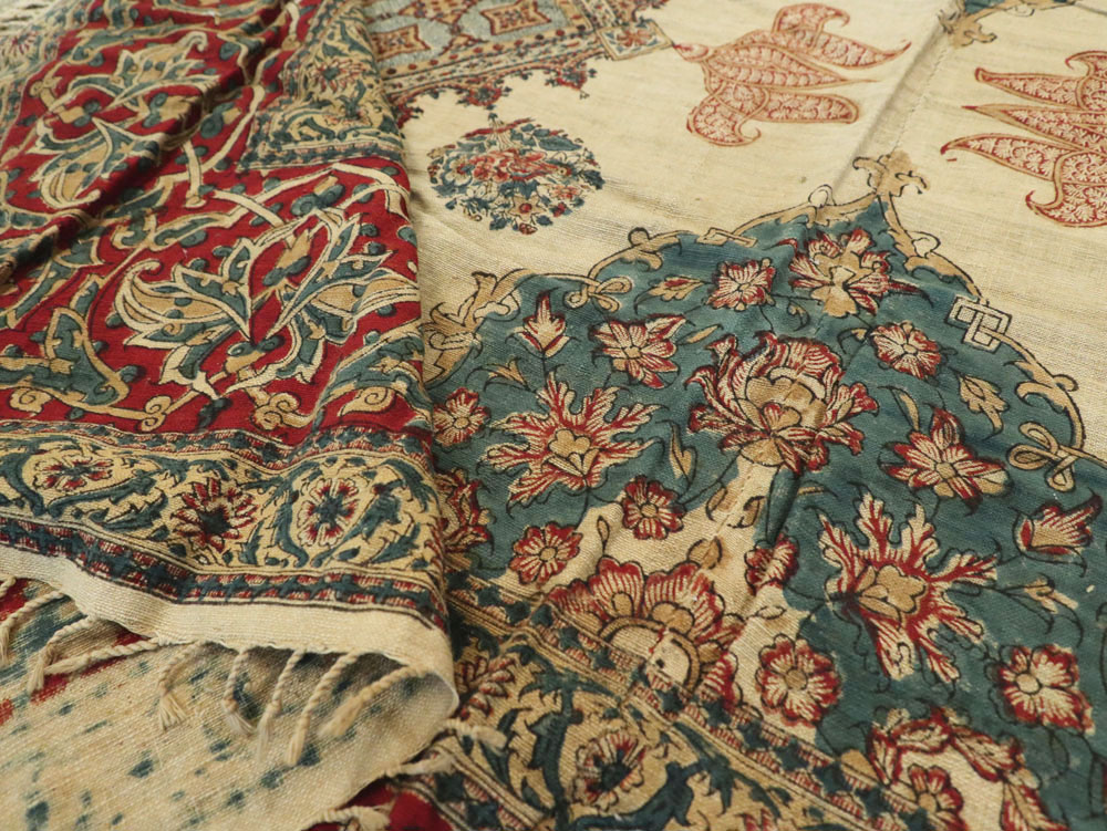 Vintage Persian Isfahan Ghalamkari Square Textile, No.26618 - Staging