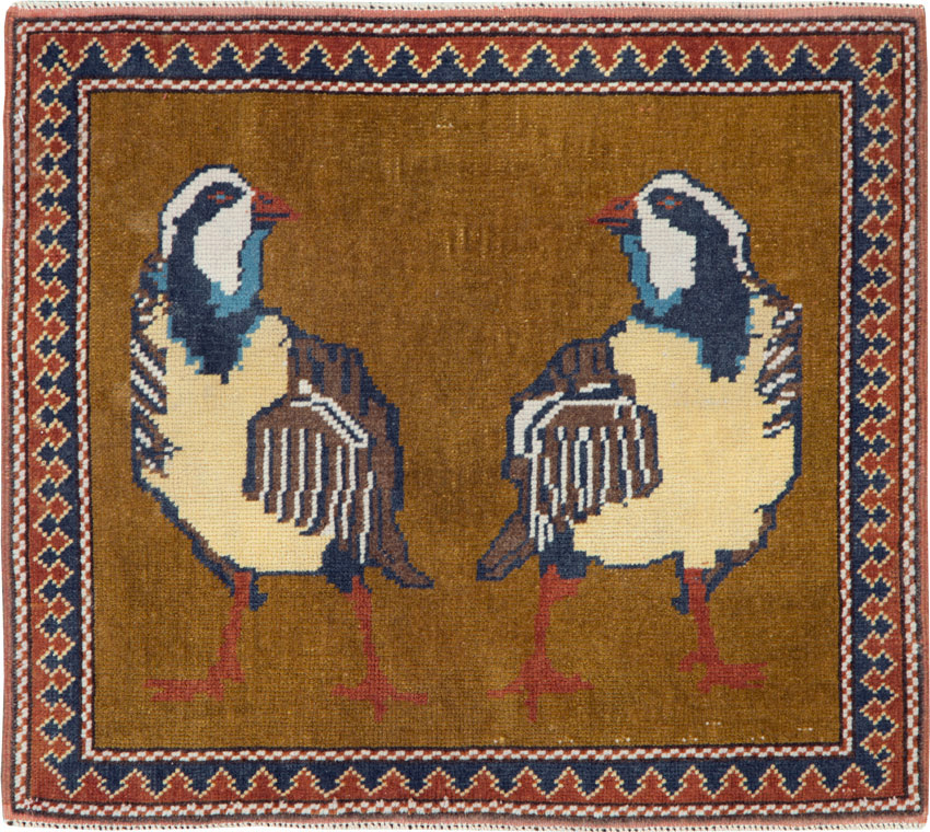 Vintage Turkish Anatolian Pictorial Square Throw Rug, No.26628 - Staging