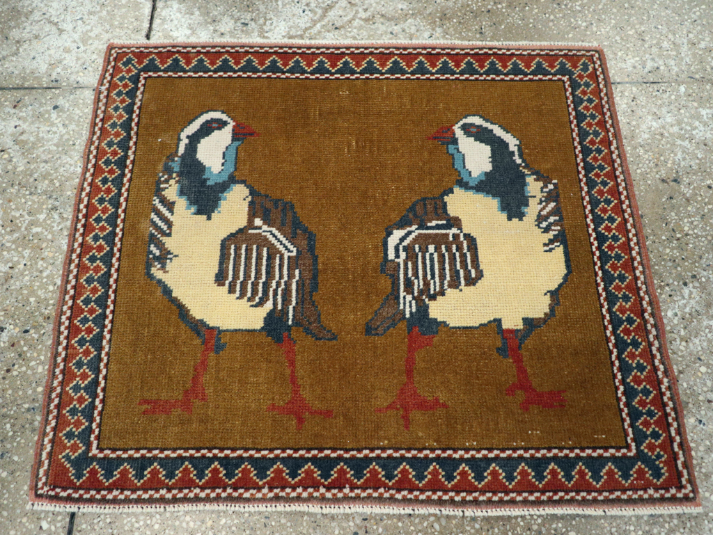 Vintage Turkish Anatolian Pictorial Square Throw Rug, No.26628 - Staging
