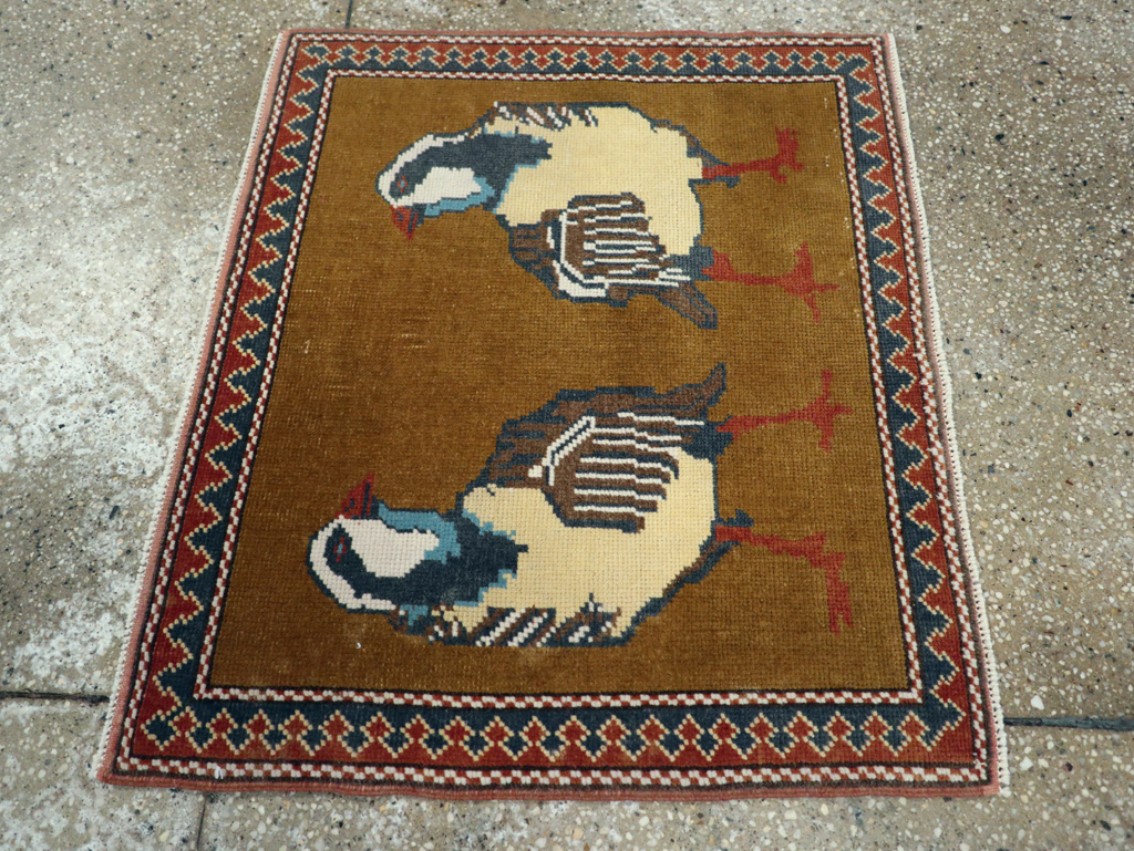 Vintage Turkish Anatolian Pictorial Square Throw Rug, No.26628 - Staging