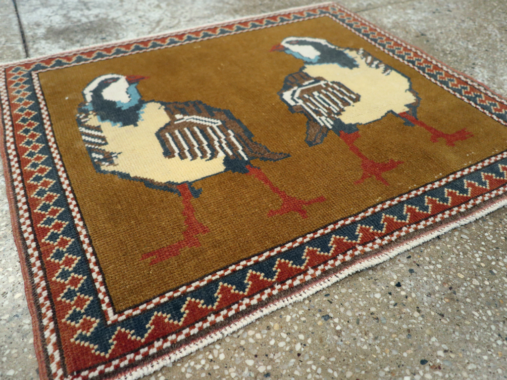 Vintage Turkish Anatolian Pictorial Square Throw Rug, No.26628 - Staging