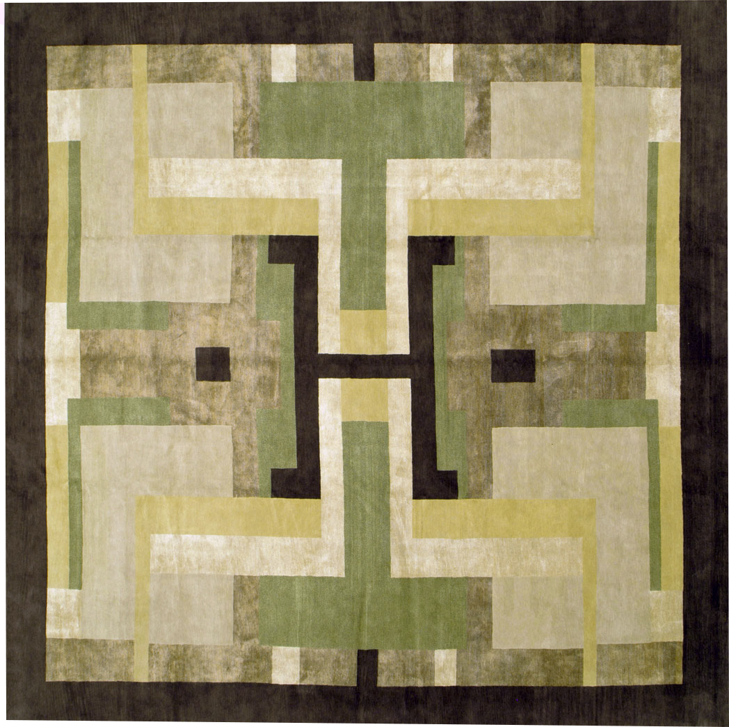 Modern Tibetan Art Deco Square Large Room Size Carpet Inspired By Edward McKnight Kauffer, No.26642 - Staging