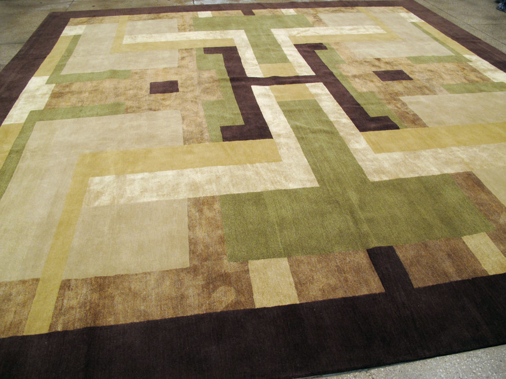 Modern Tibetan Art Deco Large Square Room Size Carpet Inspired By Edward McKnight Kauffer, No.26642 - Staging