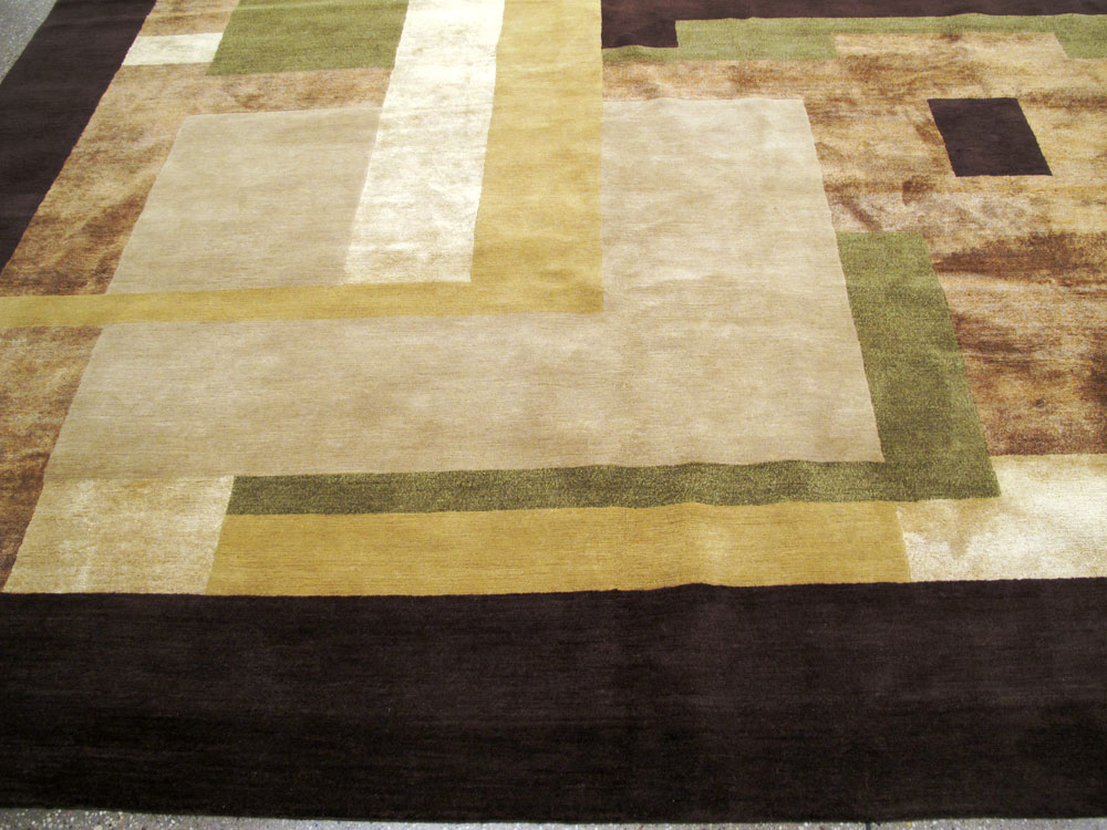 Modern Tibetan Art Deco Large Square Room Size Carpet Inspired By Edward McKnight Kauffer, No.26642 - Staging