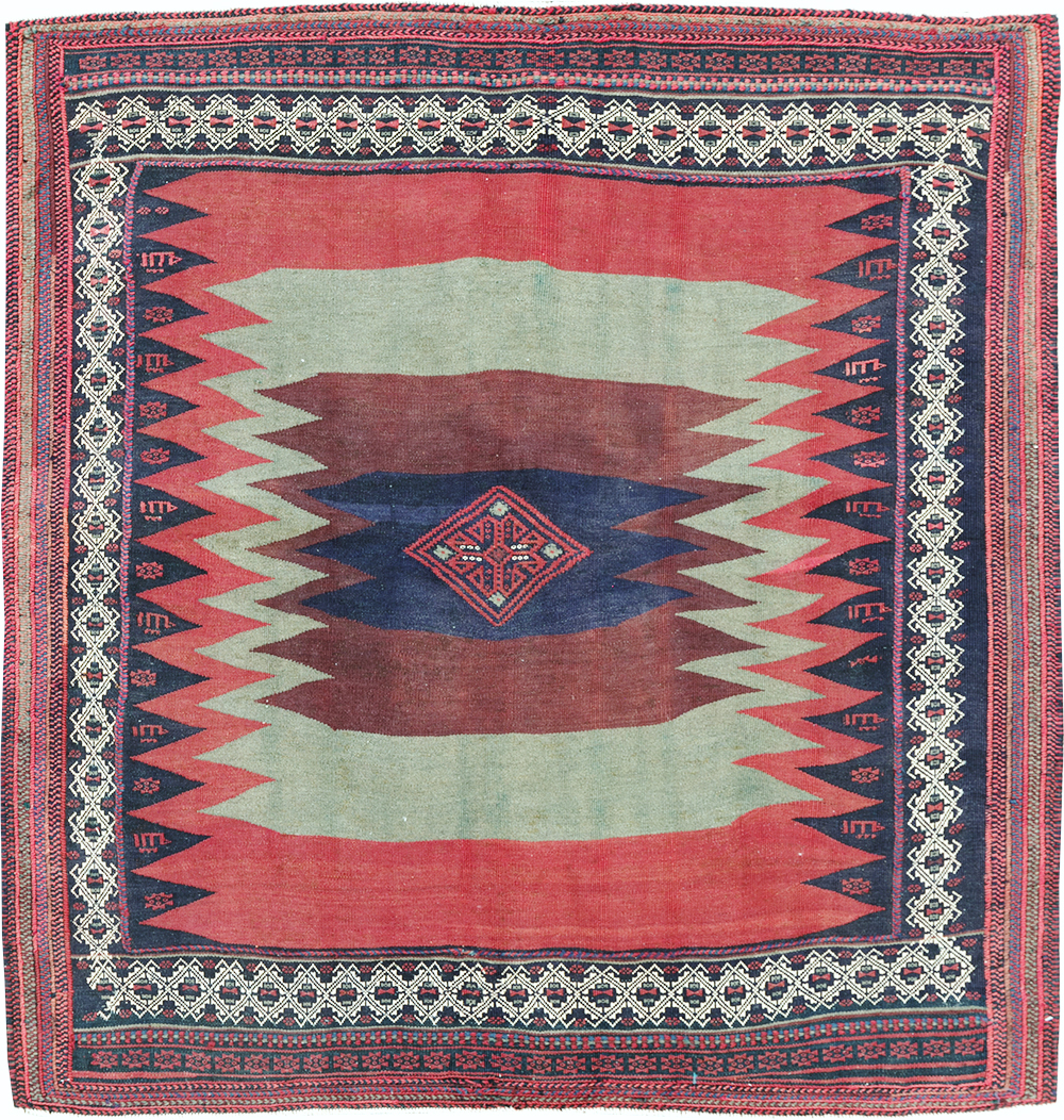 Vintage Persian Shiraz Flatweave Kilim Square Accent Rug, No.26679 - Staging