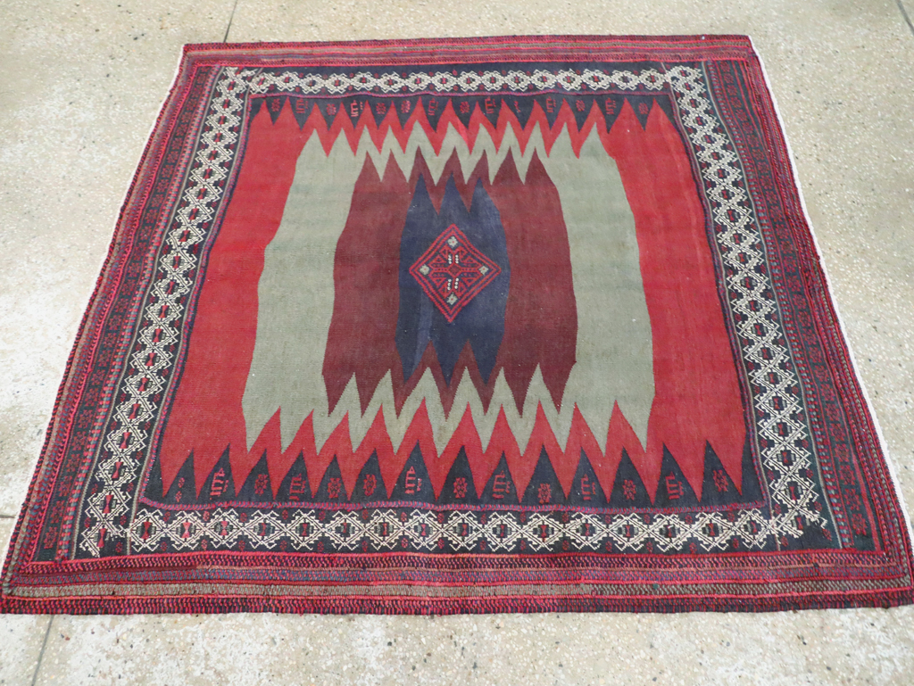 Vintage Persian Shiraz Flatweave Kilim Square Accent Rug, No.26679 - Staging