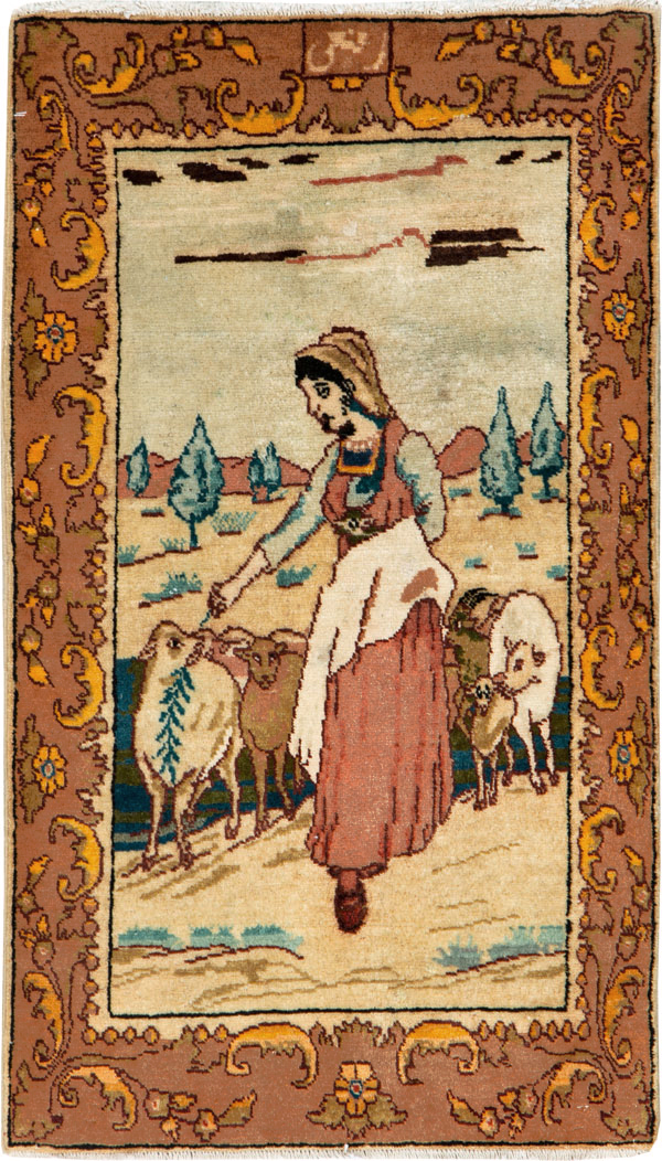 Vintage Persian Tabriz Pictorial Throw Rug, No.26711 - Staging