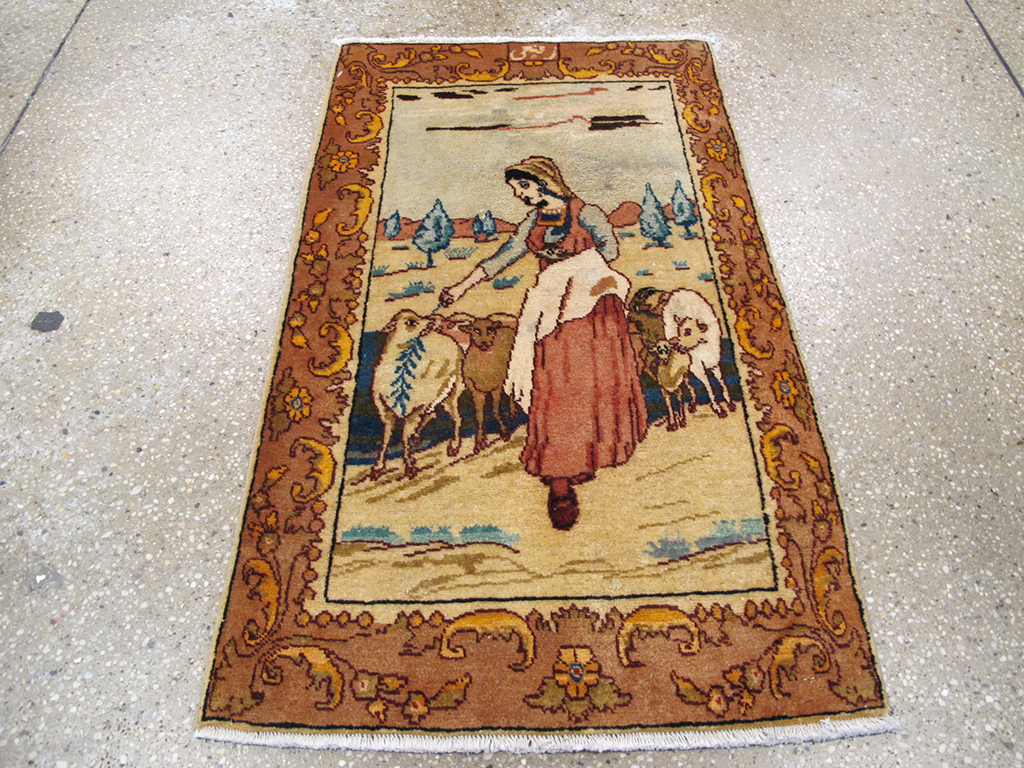 Vintage Persian Tabriz Pictorial Throw Rug, No.26711 - Staging