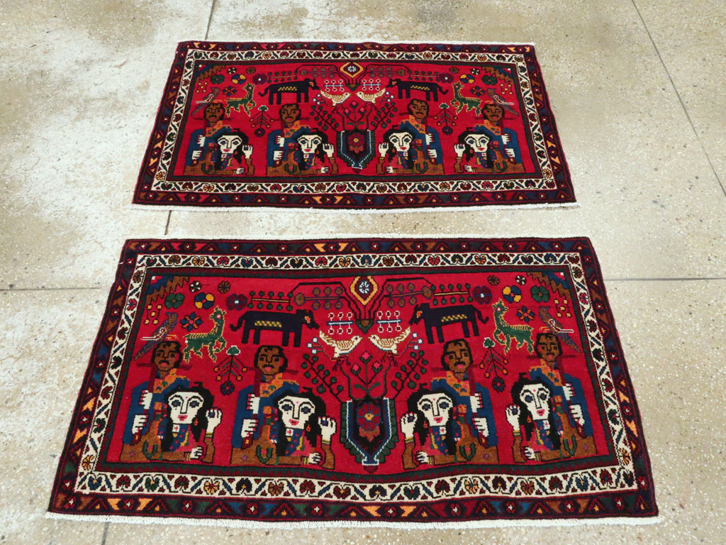 Vintage Persian Hamadan Pictorial Rug (Pair: 1 of 2), No.26790 - Staging