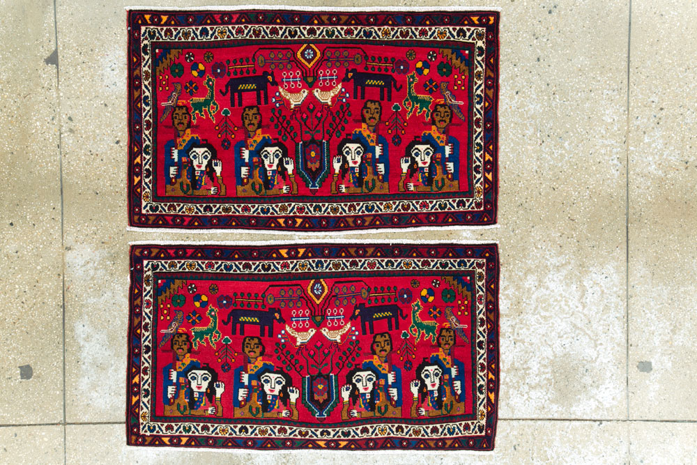 Vintage Persian Hamadan Pictorial Rug (Pair: 1 of 2), No.26790 - Staging