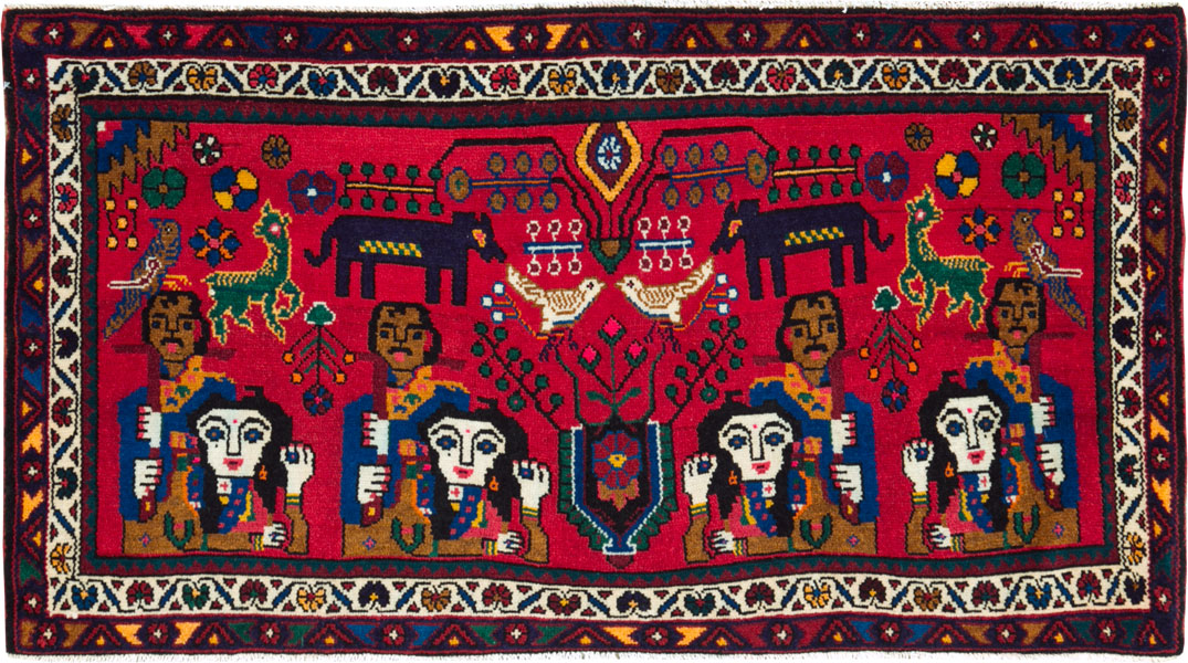 Vintage Persian Hamadan Pictorial Rug (Pair: 2 of 2), No.26791 - Staging