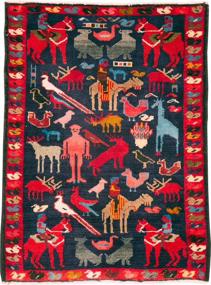 Vintage Persian Hamadan Pictorial Rug, No.26939 - Staging