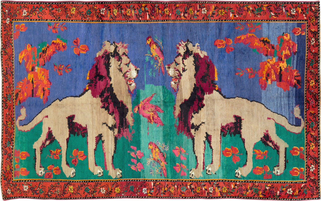 Vintage Caucasian Karabagh Pictorial Accent Rug, No.27062 - Staging