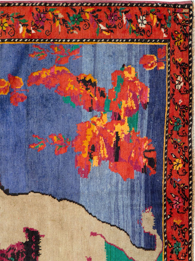Vintage Caucasian Karabagh Pictorial Accent Rug, No.27062 - Staging