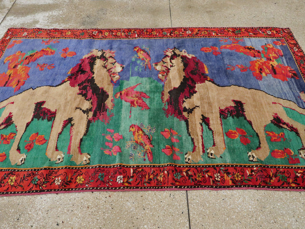 Vintage Caucasian Karabagh Pictorial Accent Rug, No.27062 - Staging
