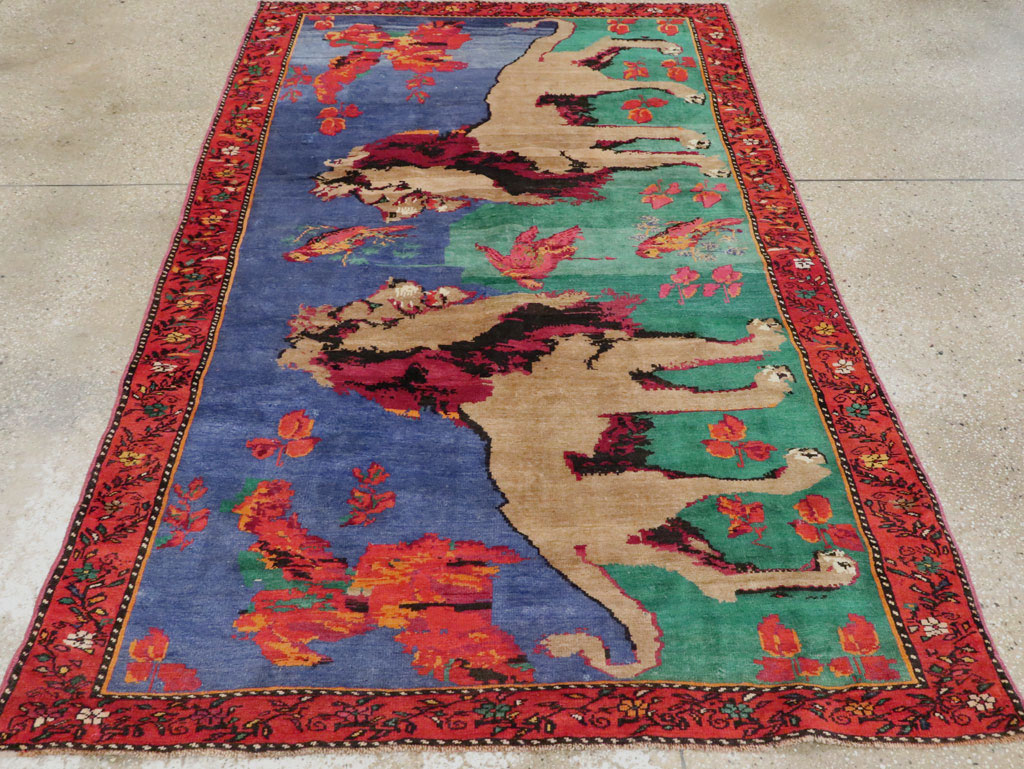 Vintage Caucasian Karabagh Pictorial Accent Rug, No.27062 - Staging
