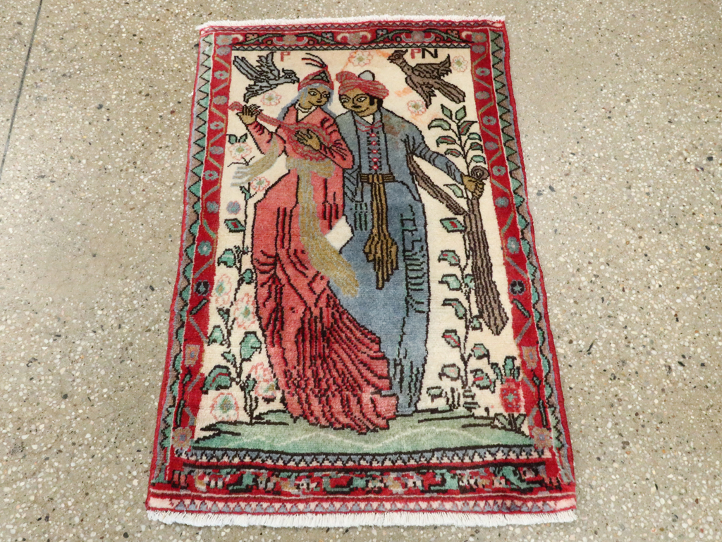 Vintage Persian Hamadan Pictorial Rug, No.27123 - Staging