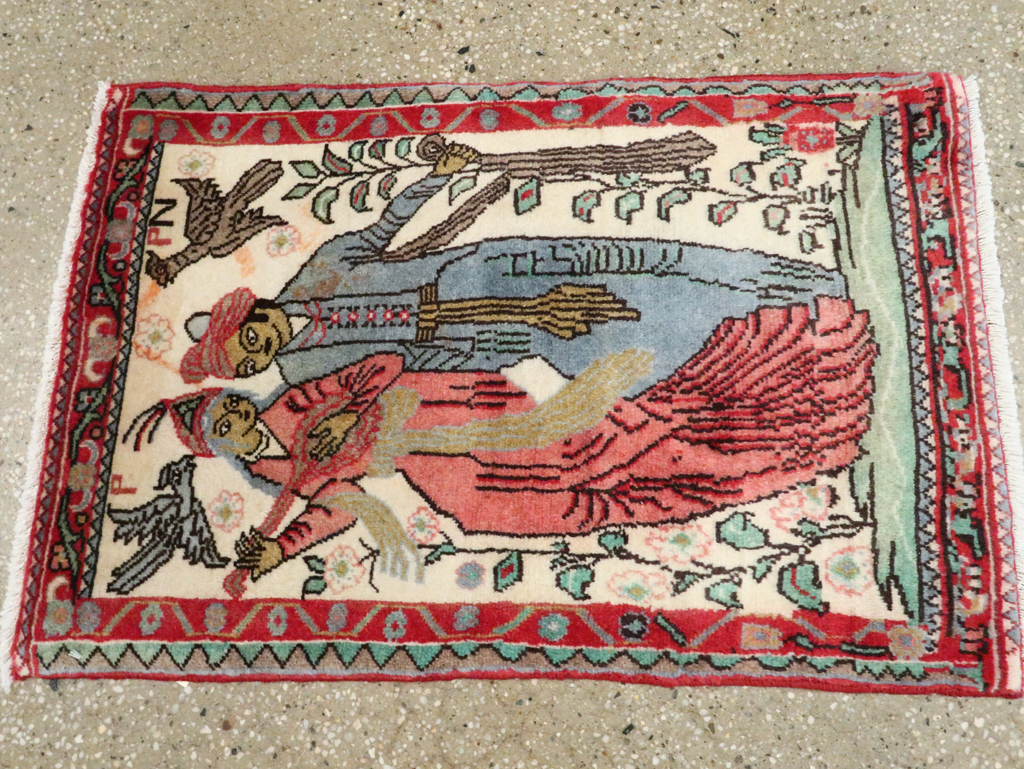 Vintage Persian Hamadan Pictorial Rug, No.27123 - Staging