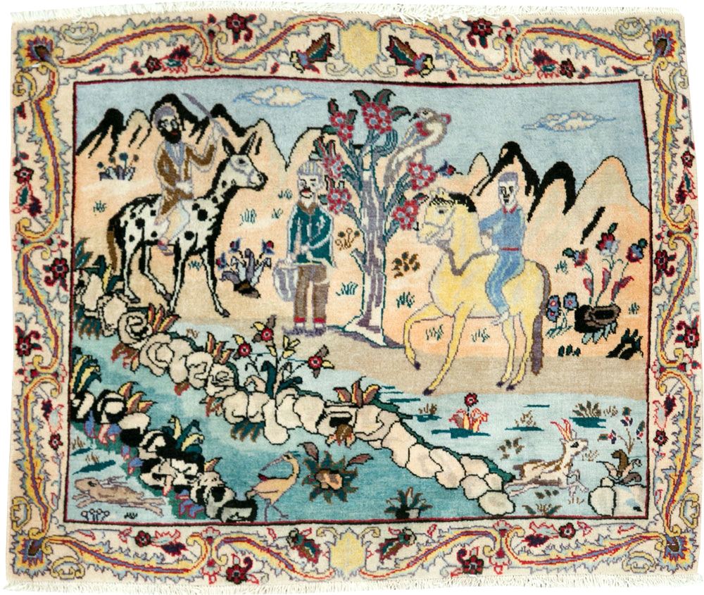 Vintage Persian Tabriz Pictorial Rug, No.27347 - Staging