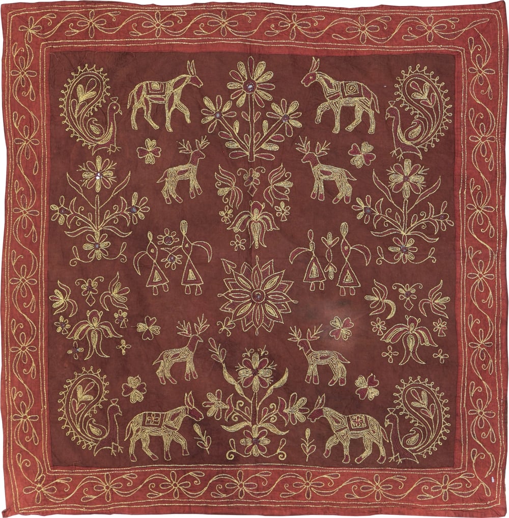 Vintage Persian Embroidered Textile Pictorial Wall Hanging, No.27546 - Staging