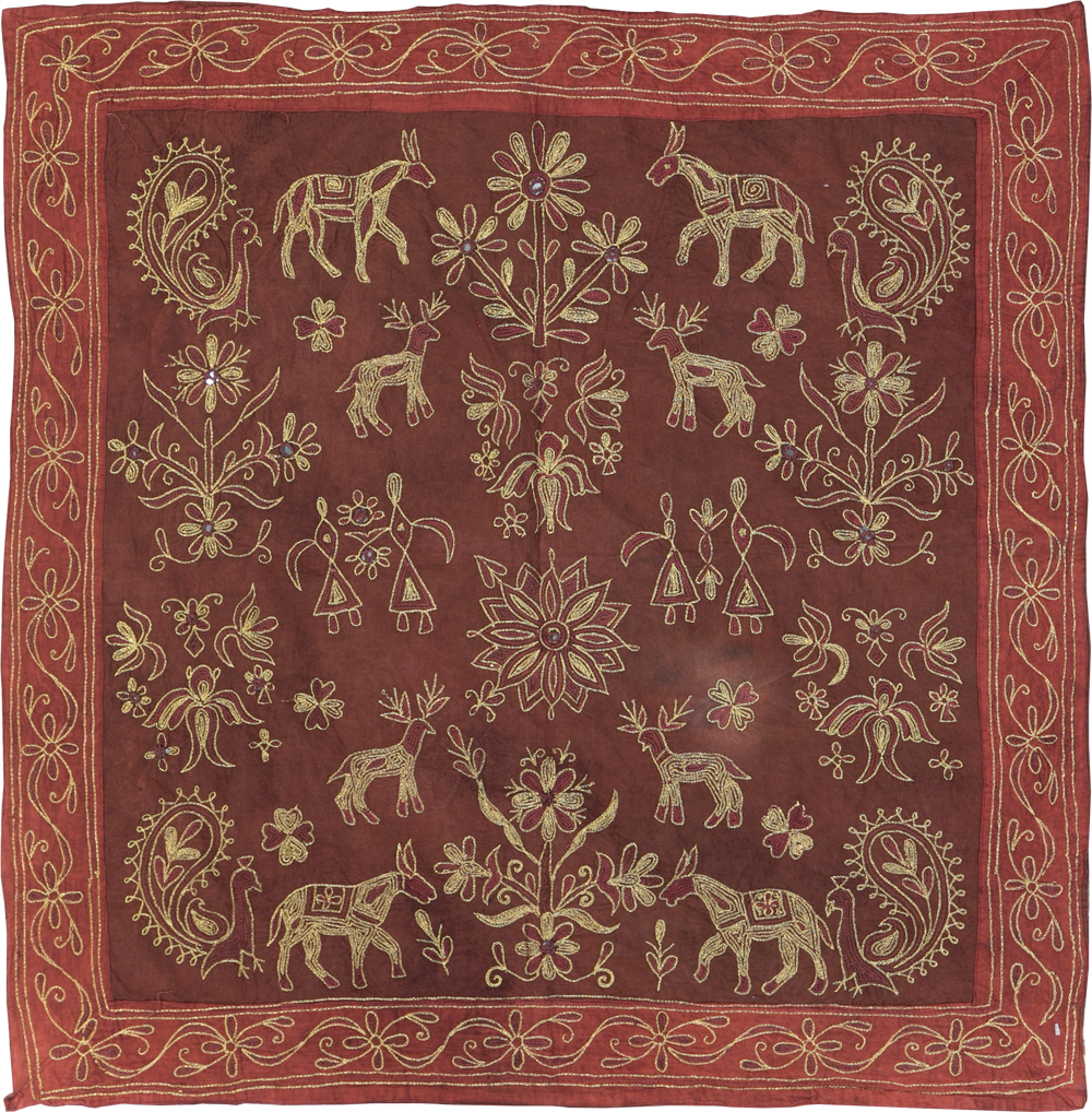 Vintage Persian Embroidered Textile Pictorial Wall Hanging, No.27546 - Staging