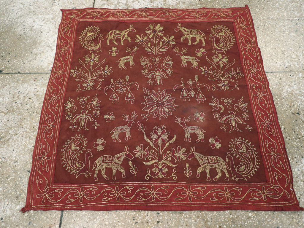 Vintage Persian Embroidered Textile Pictorial Wall Hanging, No.27546 - Staging