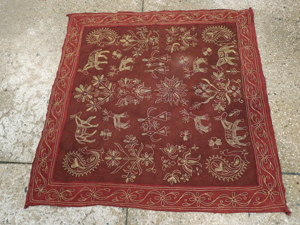 Vintage Persian Embroidered Textile Pictorial Wall Hanging, No.27546 - Staging