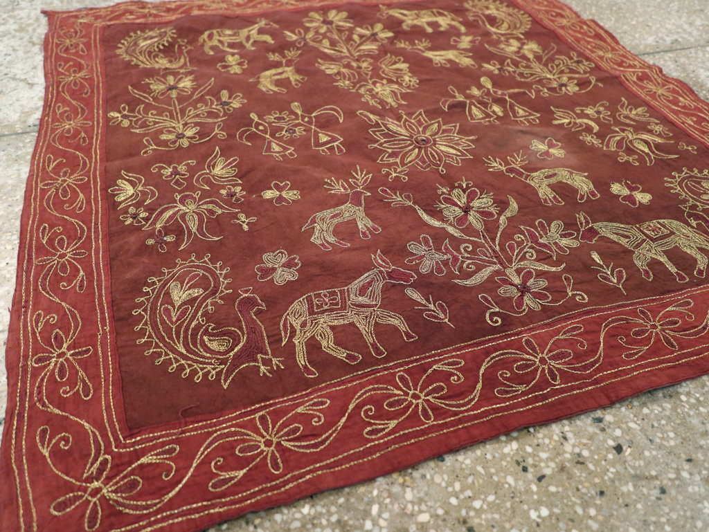 Vintage Persian Embroidered Textile Pictorial Wall Hanging, No.27546 - Staging