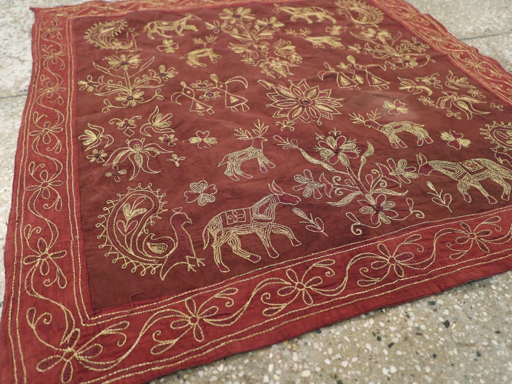 Vintage Persian Embroidered Textile Pictorial Wall Hanging, No.27546 - Staging