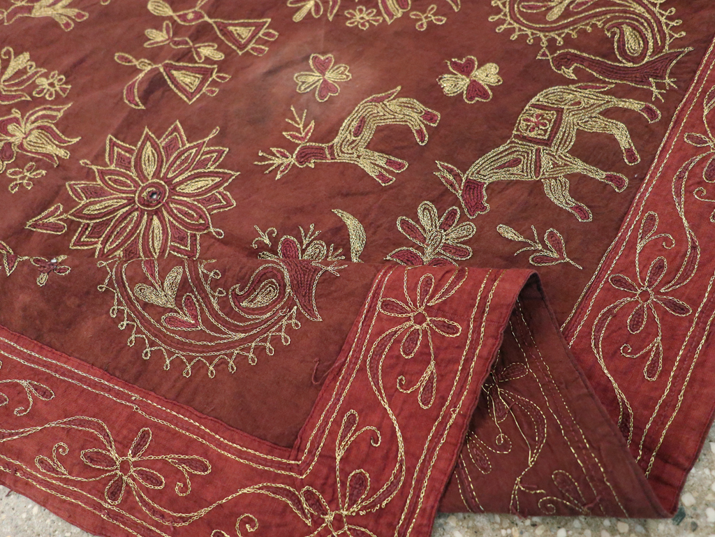 Vintage Persian Embroidered Textile Pictorial Wall Hanging, No.27546 - Staging