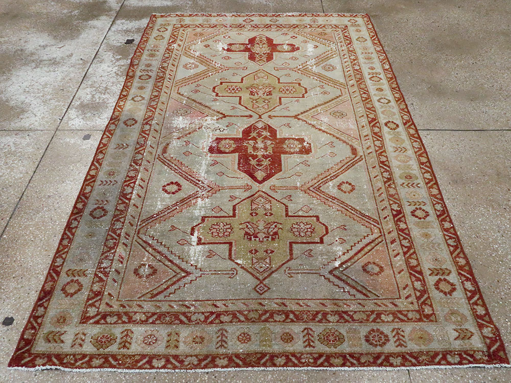 Distressed Antique Persian Malayer Accent Rug, No.27617 - Staging