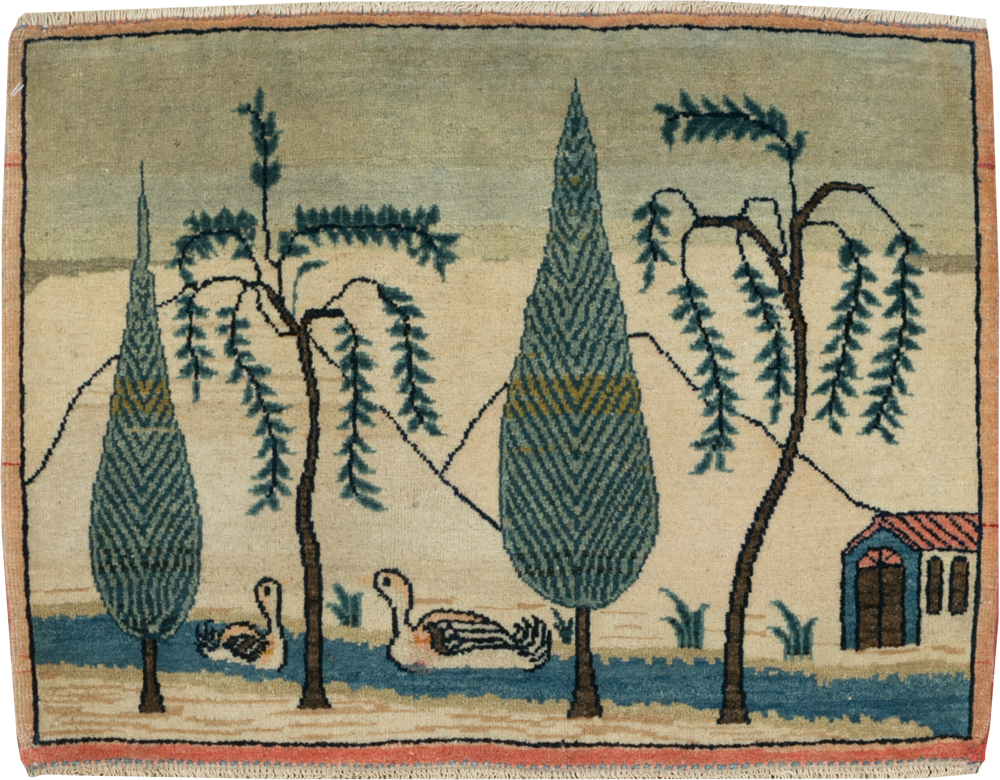 Vintage Persian Kashan Pictorial Rug (Pair: 2 of 2), No.27675 - Staging