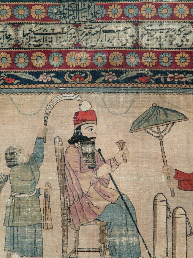 Antique Persian Lavar Kerman Pictorial Accent Carpet, No.27776 - Staging