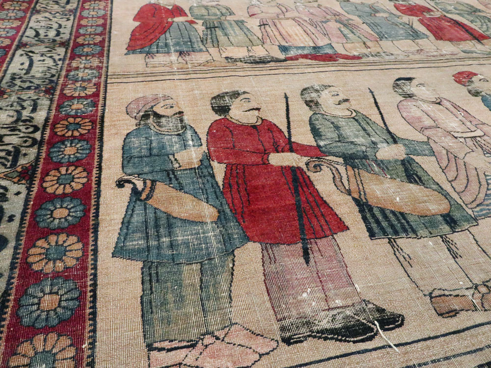 Antique Persian Lavar Kerman Pictorial Accent Carpet, No.27776 - Staging