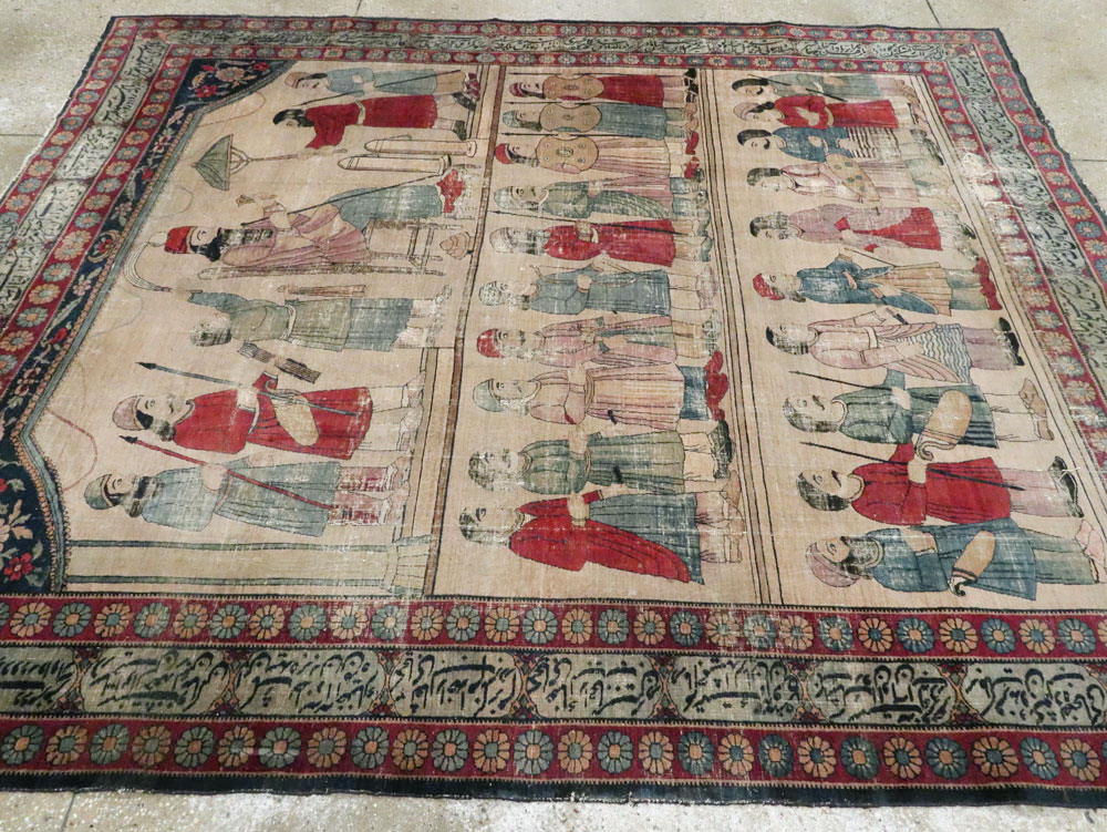 Antique Persian Lavar Kerman Pictorial Accent Carpet, No.27776 - Staging