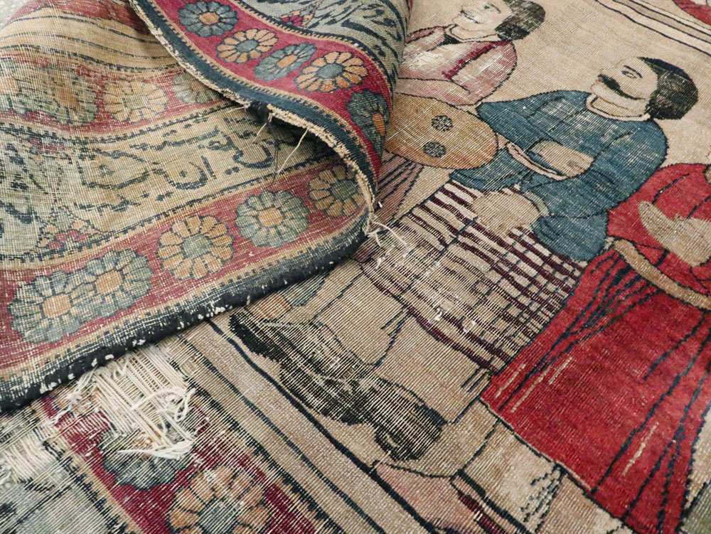 Antique Persian Lavar Kerman Pictorial Accent Carpet, No.27776 - Staging