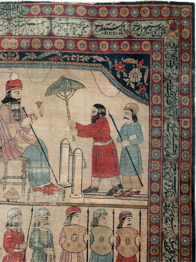 Antique Persian Lavar Kerman Pictorial Accent Carpet, No.27776 - Staging