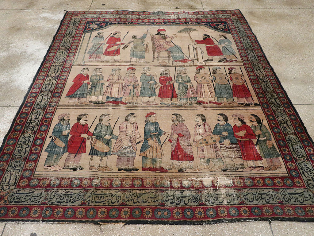 Antique Persian Lavar Kerman Pictorial Accent Carpet, No.27776 - Staging