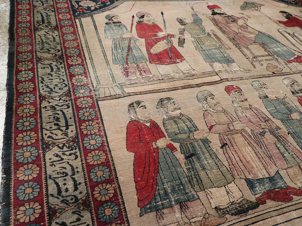 Antique Persian Lavar Kerman Pictorial Accent Carpet, No.27776 - Staging