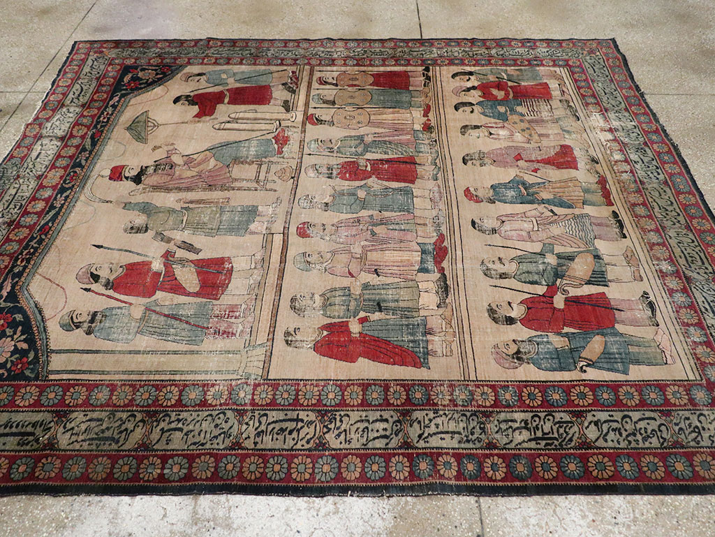Antique Persian Lavar Kerman Pictorial Accent Carpet, No.27776 - Staging