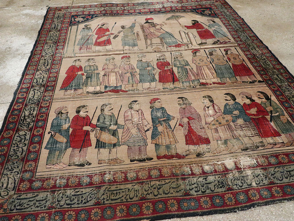 Antique Persian Lavar Kerman Pictorial Accent Carpet, No.27776 - Staging