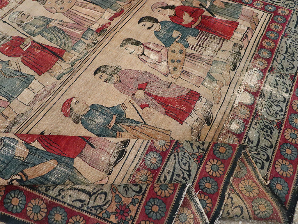 Antique Persian Lavar Kerman Pictorial Accent Carpet, No.27776 - Staging