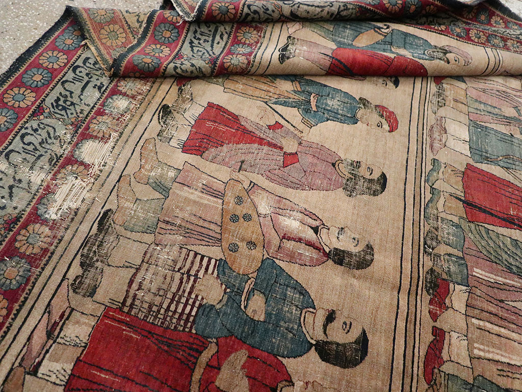 Antique Persian Lavar Kerman Pictorial Accent Carpet, No.27776 - Staging