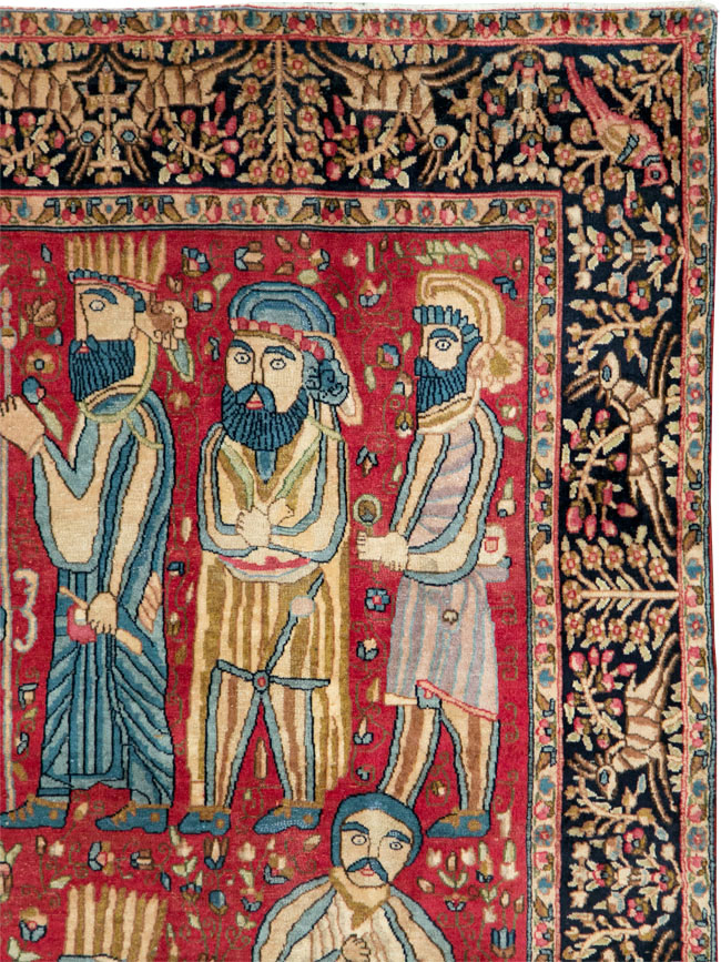 Vintage Persian Kerman Pictorial Accent Rug, No.27792 - Staging