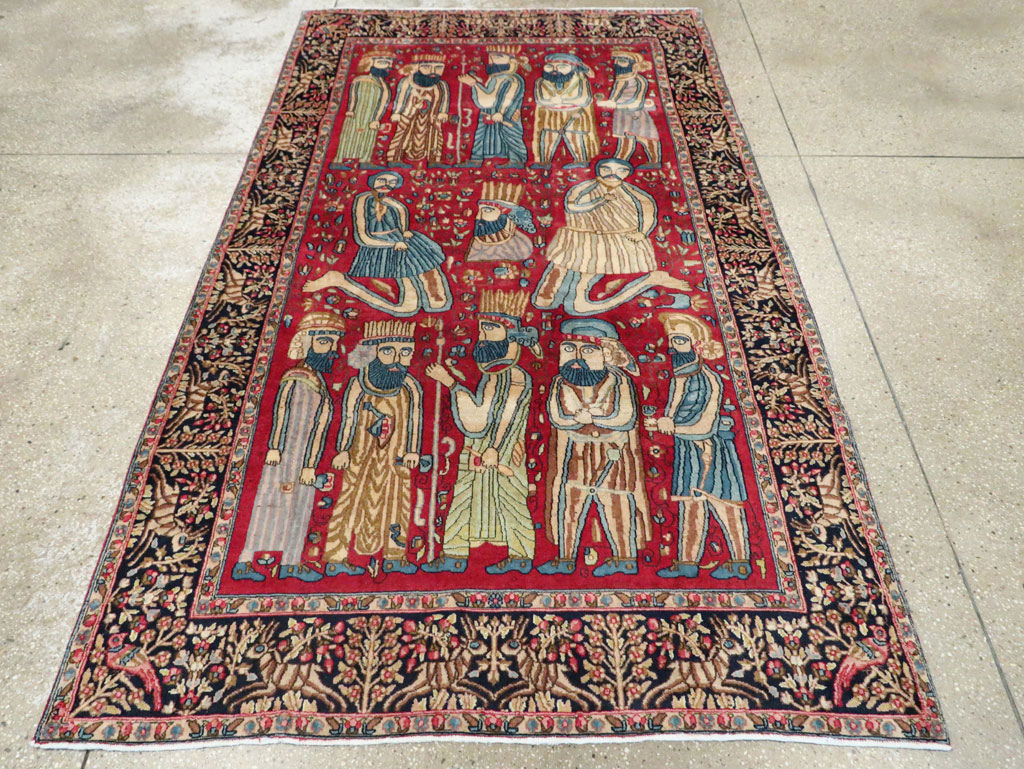 Vintage Persian Kerman Pictorial Accent Rug, No.27792 - Staging