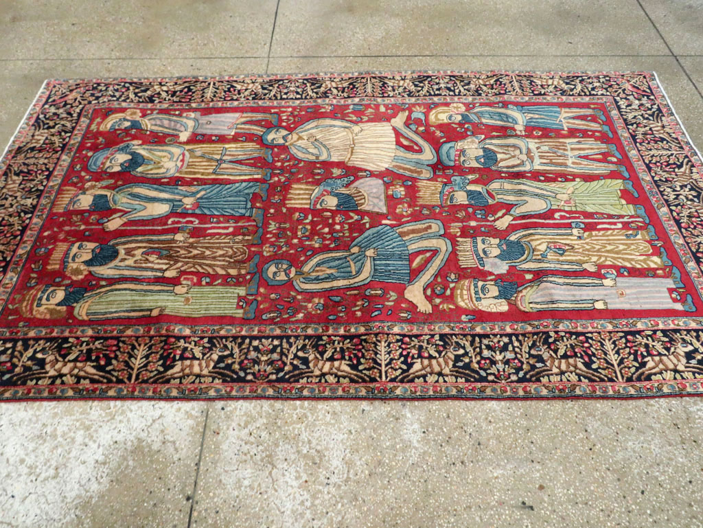 Vintage Persian Kerman Pictorial Accent Rug, No.27792 - Staging