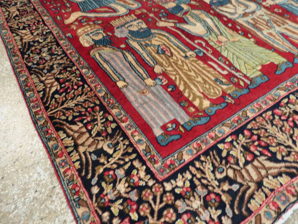 Vintage Persian Kerman Pictorial Accent Rug, No.27792 - Staging