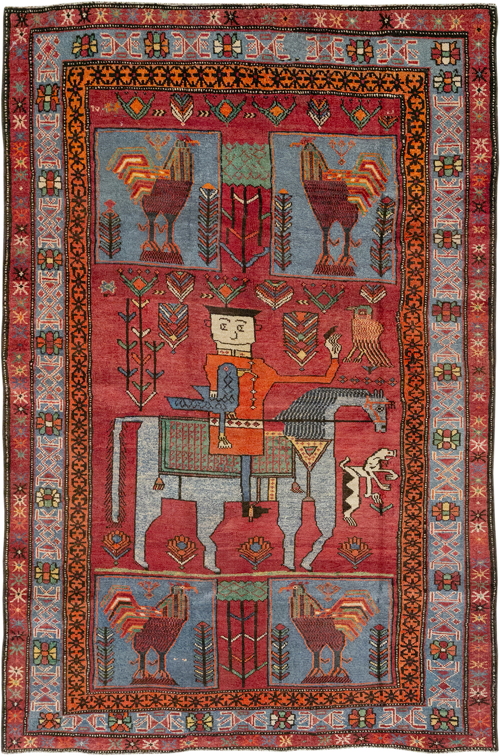 Vintage Caucasian Karabagh Pictorial Accent Rug, No.27793 - Staging