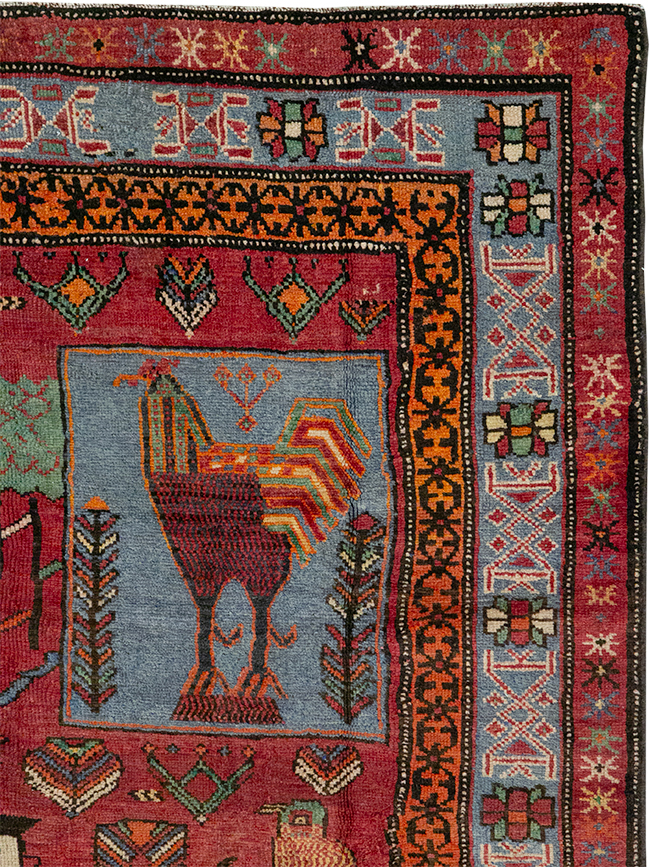 Vintage Caucasian Karabagh Pictorial Accent Rug, No.27793 - Staging