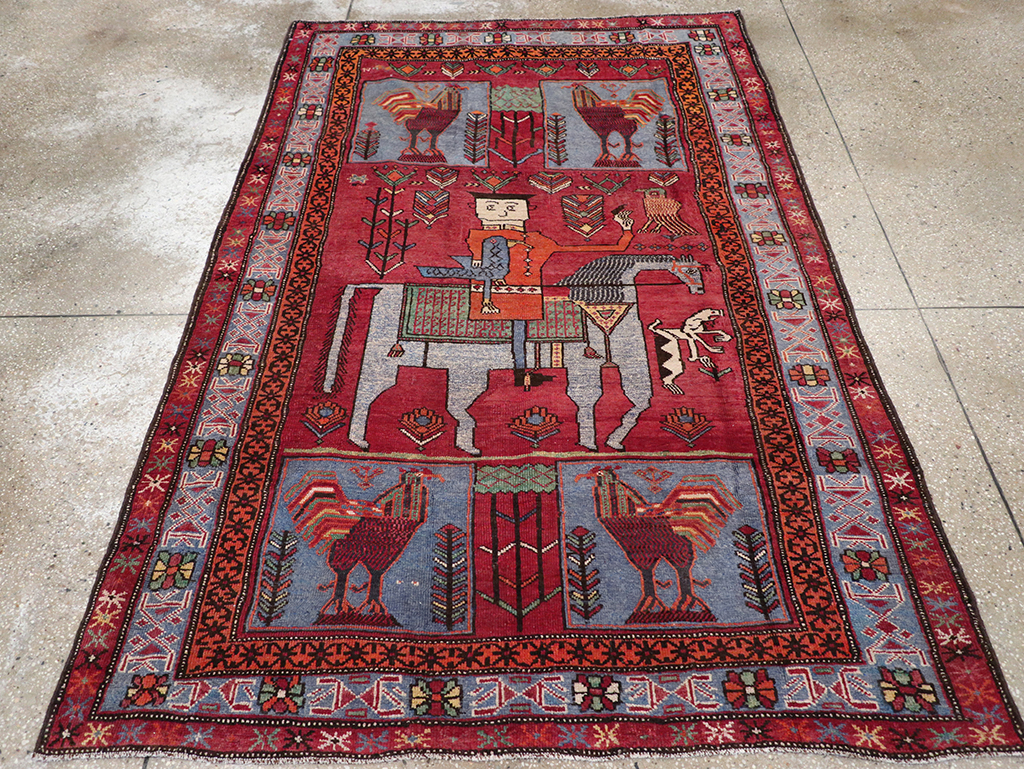 Vintage Caucasian Karabagh Pictorial Accent Rug, No.27793 - Staging